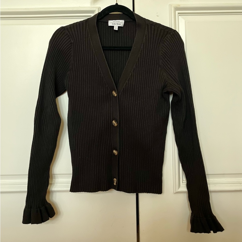 Other Stories Black V Neck Flare Collar Ribbed Cardigan Sweater Size M